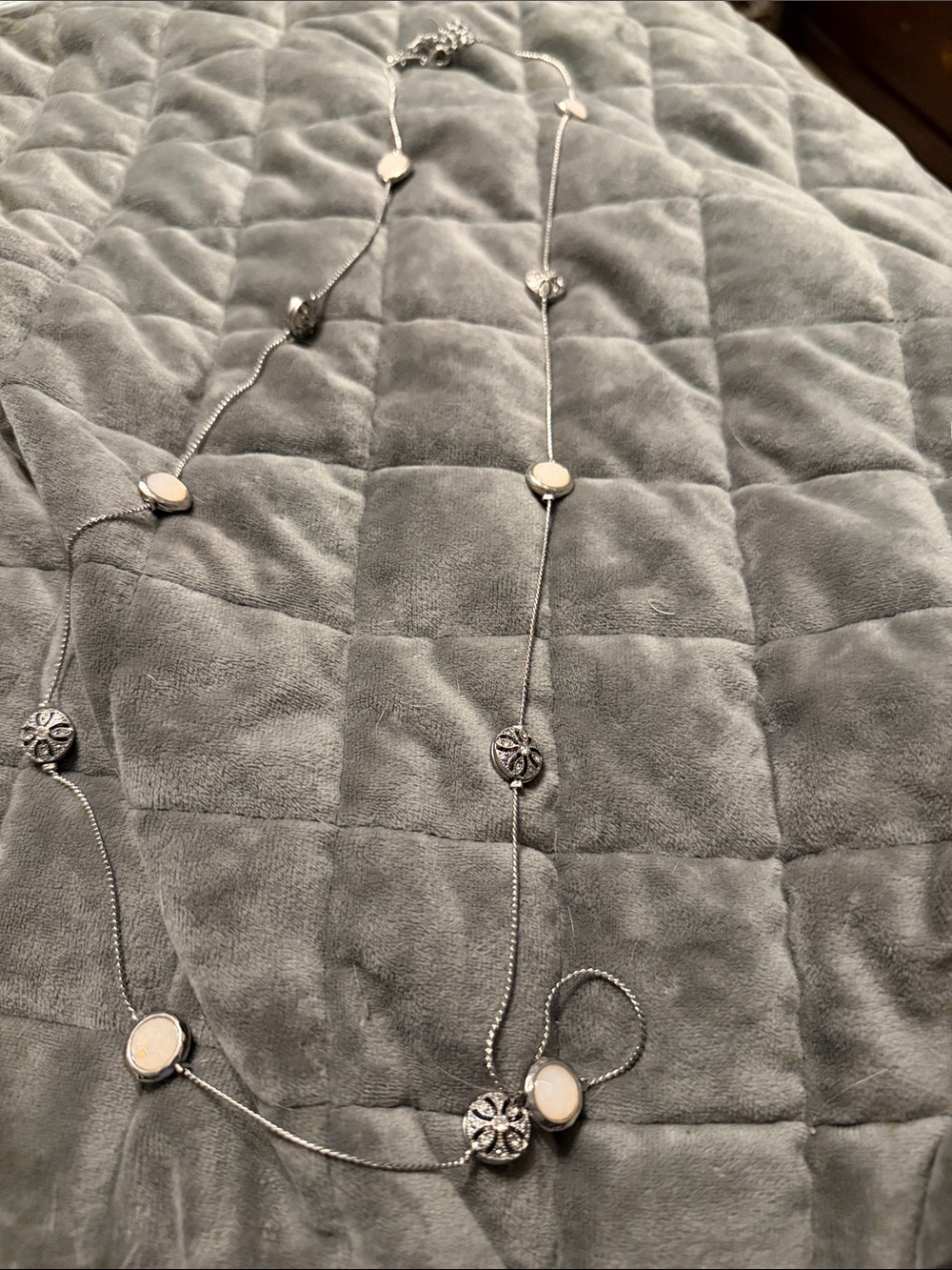 Long Silver Station Necklace with Cream Cabochons